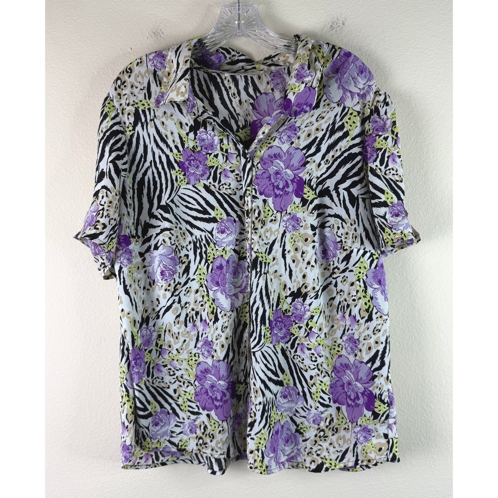 Rebecca Malone Blouse Womens 2X Purple Floral Zebra Leopard Button Up Top